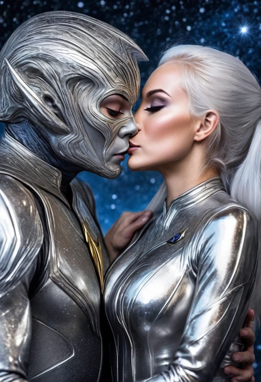 there is a man and a woman that are having sex, alexa grace, shiny white skin, shiny plastic, ultra realistic picture, shiny metal, iray, fantasy vibe, jessica rabbit, hyper realistic fantasy, daz studio genesis iray ultra hd, dominant pose, sexy dominant pose, photorealistic picture, shiny silver, stoya, surreal scene, photorealistic masterpiece