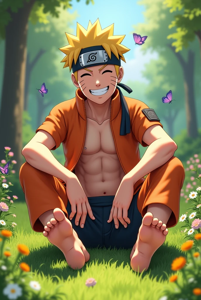 Image of Naruto Uzumaki showing his feet close to the camera, smiling sitting in nature shirtless showing six pack, without pants and barefoot showing his feet close to the camera Detail and illuminate 5 toes on each sole of his feet, white foot colors with pink Realistic classic style animated image in HD of the soles of your feet