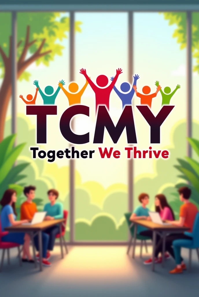 True black,Active Red,neutral grey. Must Include this colors as Main Color Code. 
You may use White as well. 
Create a employee engagement team building logo 
Include (TCMY ) with tag line together we thrive 
With colorful humanoid 
Include blurred beautiful natural cartoon office background