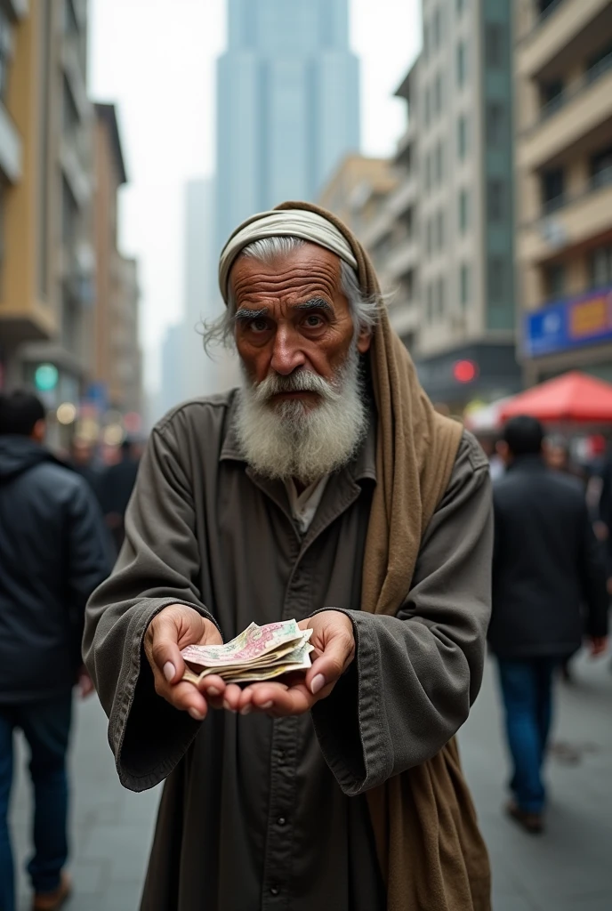 A realistic image of a modern. A poor islamic old man gives less money and the old man cries