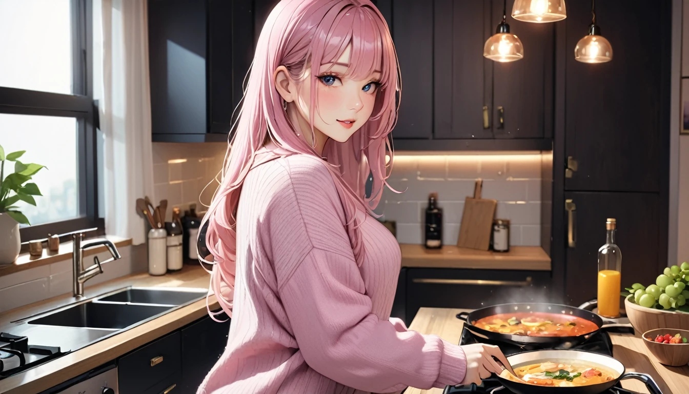 1 girl, (masterpiece,highest quality,超A high resolution), (((Very beautiful 25 year old girl))), look at the photographer、 ((beautiful long hair)), super cute face, glossy lips, double eyelids in both eyes,natural smile、 natural makeup, long eyelashes, Shiny and smooth dark light pink hair、perfect limbs, perfect anatomy,(((comfy sweater)))、cooking, at the night ,(wet with sweat),,turn around and look back,See-through