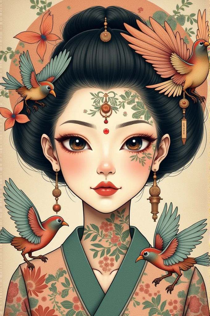 ((best quality)), ((masterpiece)), (detailed), ((perfect japanese face)), surreal, art nouveau, sparrows, line drawing, japanese, traditional, vintage, elegant, chic, sophisticated, tattooed face, ((pastel color palette)),  