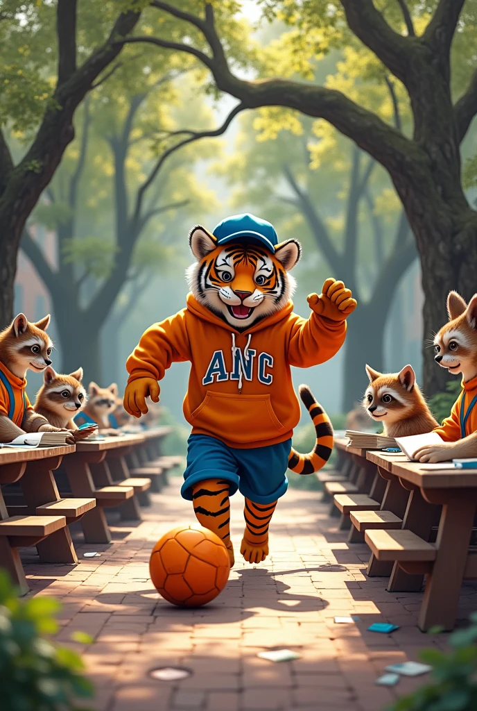 Create a college tiger playing Solo with a ball while his other friends are studying