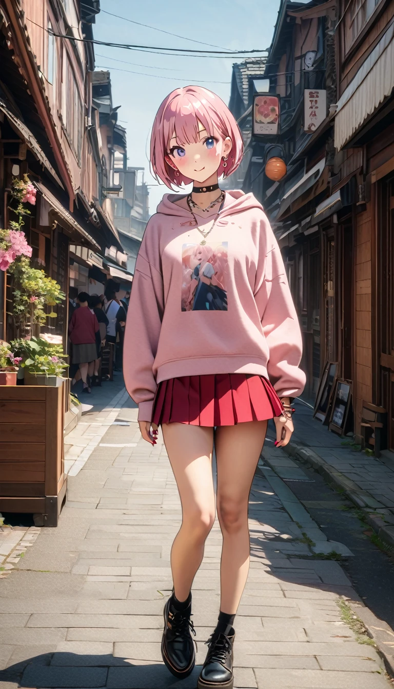 (Highest quality, 4K, 8k, High Resolutiの上, masterpiece:1.2), Very detailed, Picturesque, Anime style photo, Photo Animatiの上:1.37)、Japanese、(Pink Hair)、(Pixie Cut)、Gal Makeup、hoodie、Flared mini skirt、necklace、bracelet、Earrings、choker、nail art、(Full body photography)、Nakano Ichika