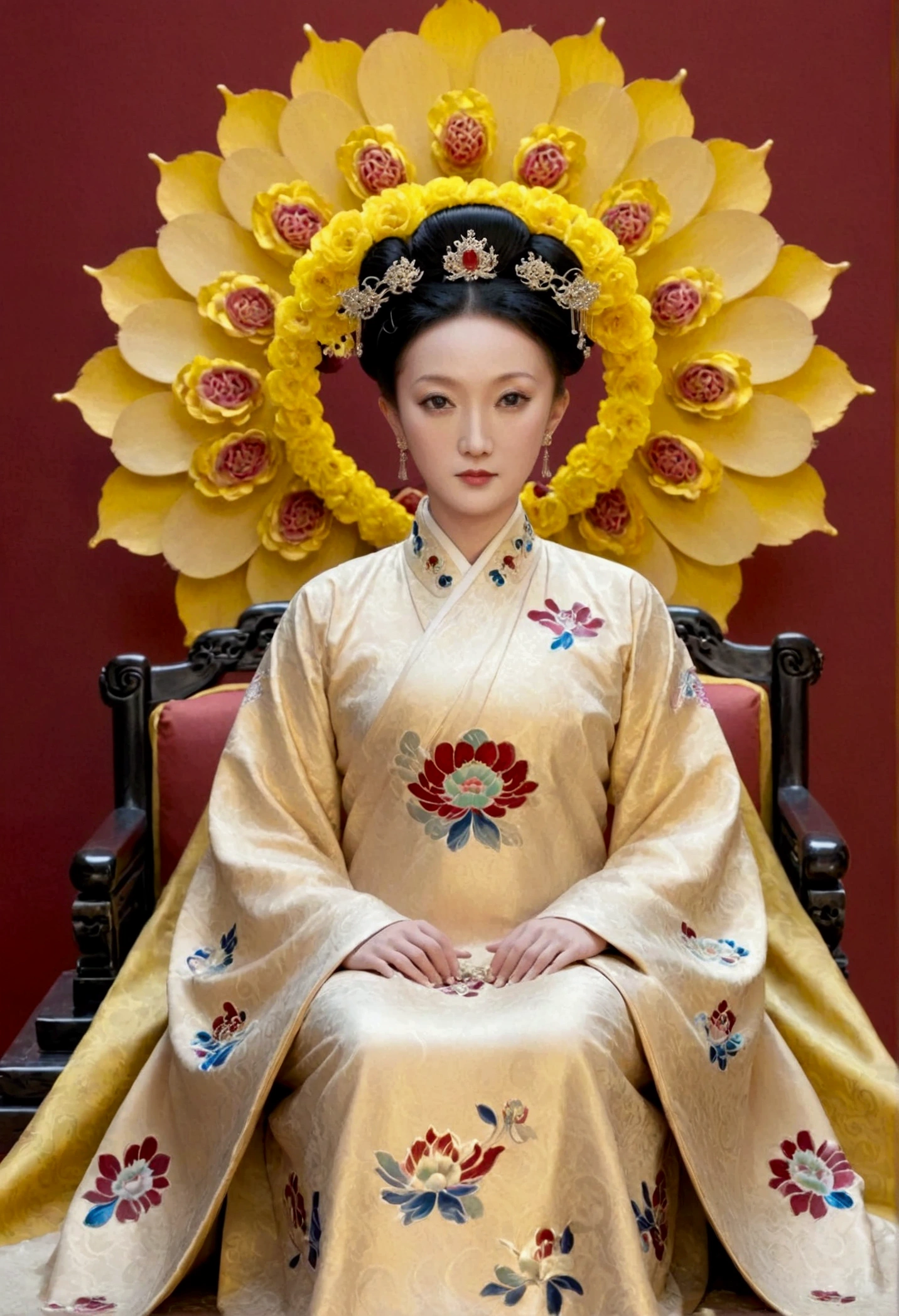 From the pre-Qing period, The Empress sits naked on a large golden sofa in the palace, Her legs were spread, At the Chinese court during the Qing Dynasty, Empress of the Qing Dynasty, Wearing the great crown of the Chinese Empress, Belly and thighs visible from below.。She is completely naked, Showing off gorgeous large flowers and hairpins, She tied her hair up and pulled it up, 背景はEmpress of the Qing Dynastyの豪華な宮殿.