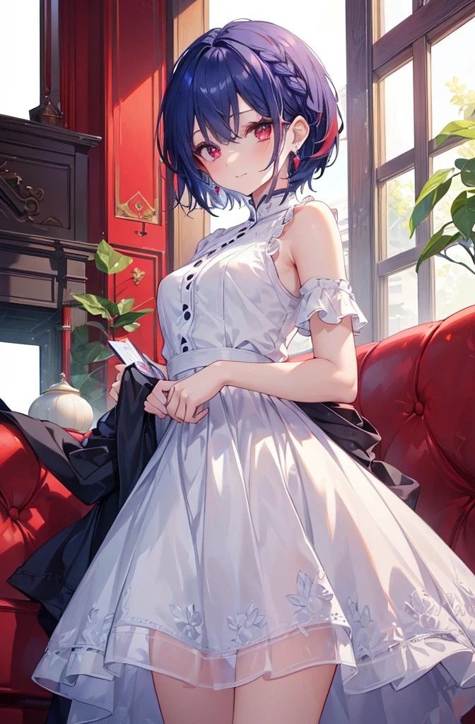 {{masterpiece}}, The best quality of life, 超High resolution, Attention to detail, high quality, High resolution, 最high quality, 4K, 8k,Attention to detail,((short indigo hair、Deep blue short hair)Braided Hair) 、 Cute female, 、One woman、(((Crimson Eyes、Red eyes、Red eyes、Beautiful attention to detail,A woman with beautiful eyes)))、Expressionless adult woman、((White background))、small but well-shaped breasts,、(((casual)))、standing smiling、Cute Smile、Small earrings