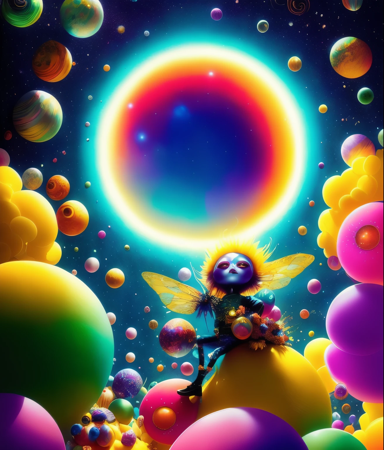 Color Pop Style, Photo photo portrait of the sun surrounded by satellites of orbiting planets, blonde spiky hair, Make me jealous, Mark Ryden, Alberto Seveso, Brooke Shade, anna dittman, Flora Borsi, 8k resolution, Perfect composition, milky way, Rainbow-colored, Flying insects, scale, wing, green, texture, Complex, nice, Shadow, pastel colour, 。.3D, Very detailed, stylish decorations, Tim Burton, Dale Chihuly, Xiaolongcheng, Cyril Rolland, by J. cheque,joy