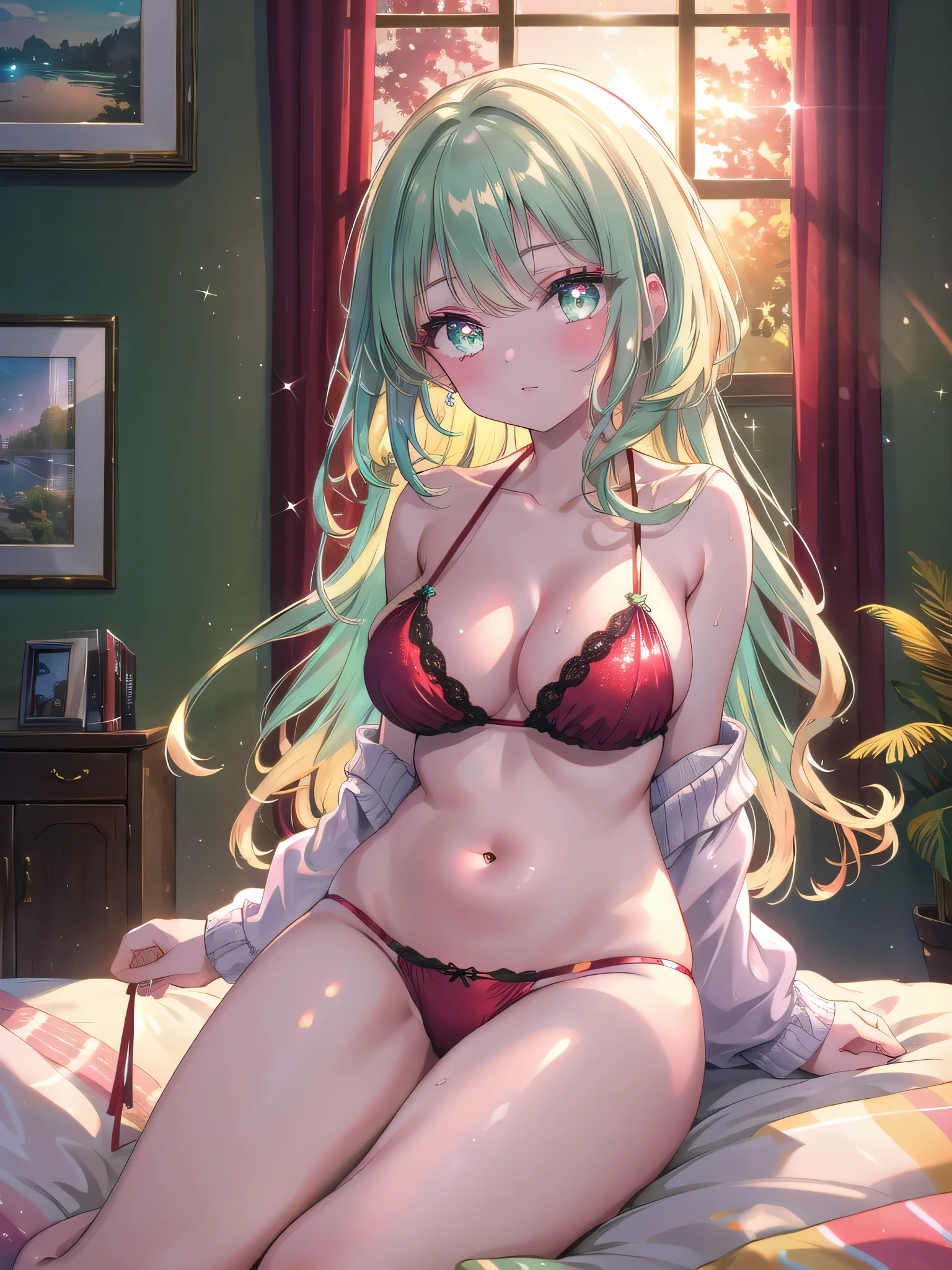 ((8k, Highest quality, masterpiece: 1.3)),Ultra-high resolution,(1 girl, alone), (Color changing eyes, Ultra-detailed, Expressive brilliance, Glitter, Glowing Eyes), Highly detailed eyes, Highly detailed face, Random Hair, ((pastel colour))A confident young woman with pastel green hair styled into a sleek bob, sitting on the floor near her bed during the golden hour of the evening. She is wearing a dark red bikini with a deep scoop neckline that enhances her cleavage. The camera captures her from a frontal, slightly low angle as she sits in an "M" pose, her legs spread apart, with her arms resting on her thighs. The golden light of the setting sun bathes her in a warm glow, with the room’s elegant decor complementing the sultry and confident mood, (open legs:1.4)