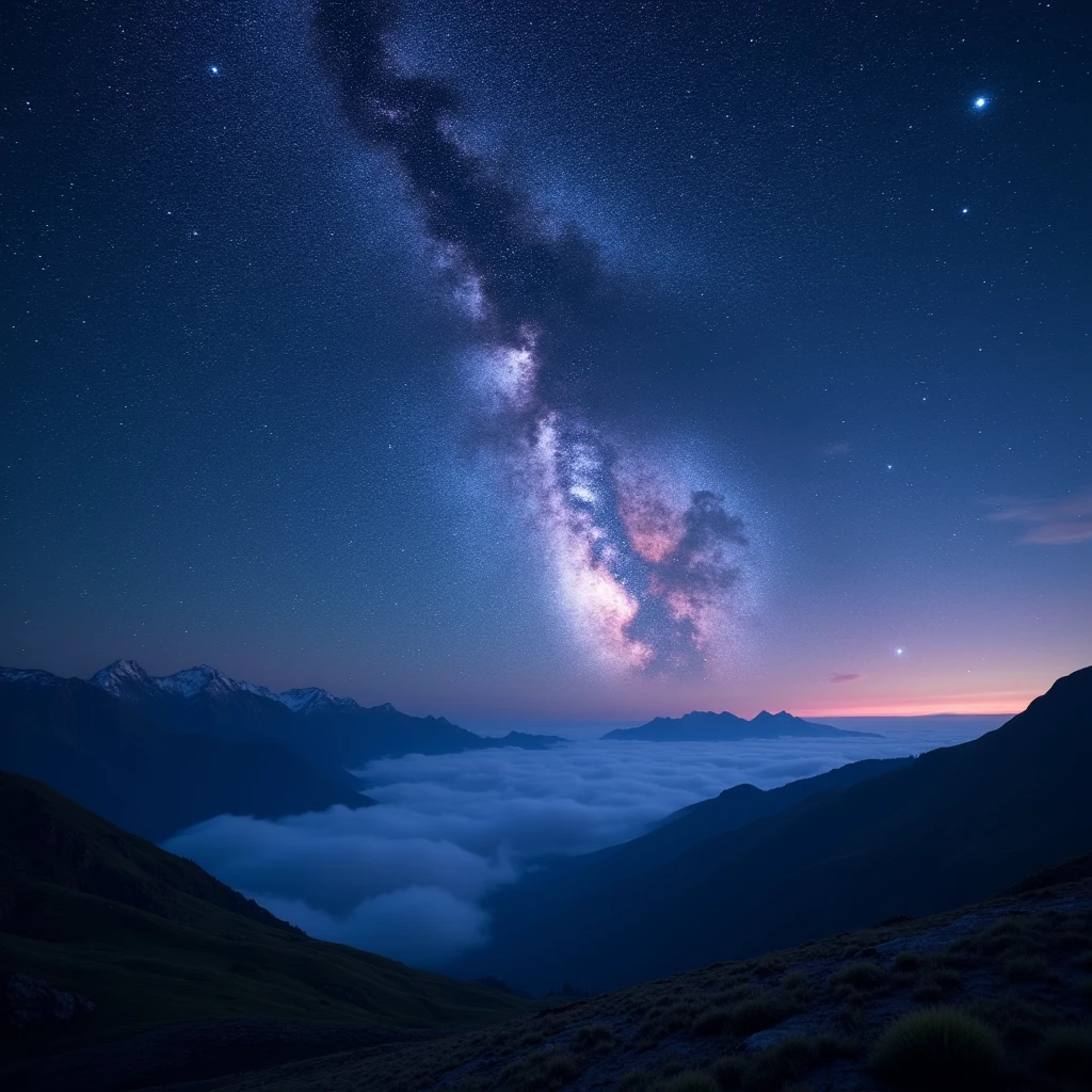 a breathtaking starry night sky over the mountain, a stunning milky way galaxy, glowing nebulae, shimmering stardust, dramatic lighting, deep blue and purple tones, (best quality,4k,8k,highres,masterpiece:1.2),ultra-detailed,(realistic,photorealistic,photo-realistic:1.37),cinematic composition, dramatic chiaroscuro lighting, moody atmosphere, intricate star patterns, ethereal beauty, mystical ambience