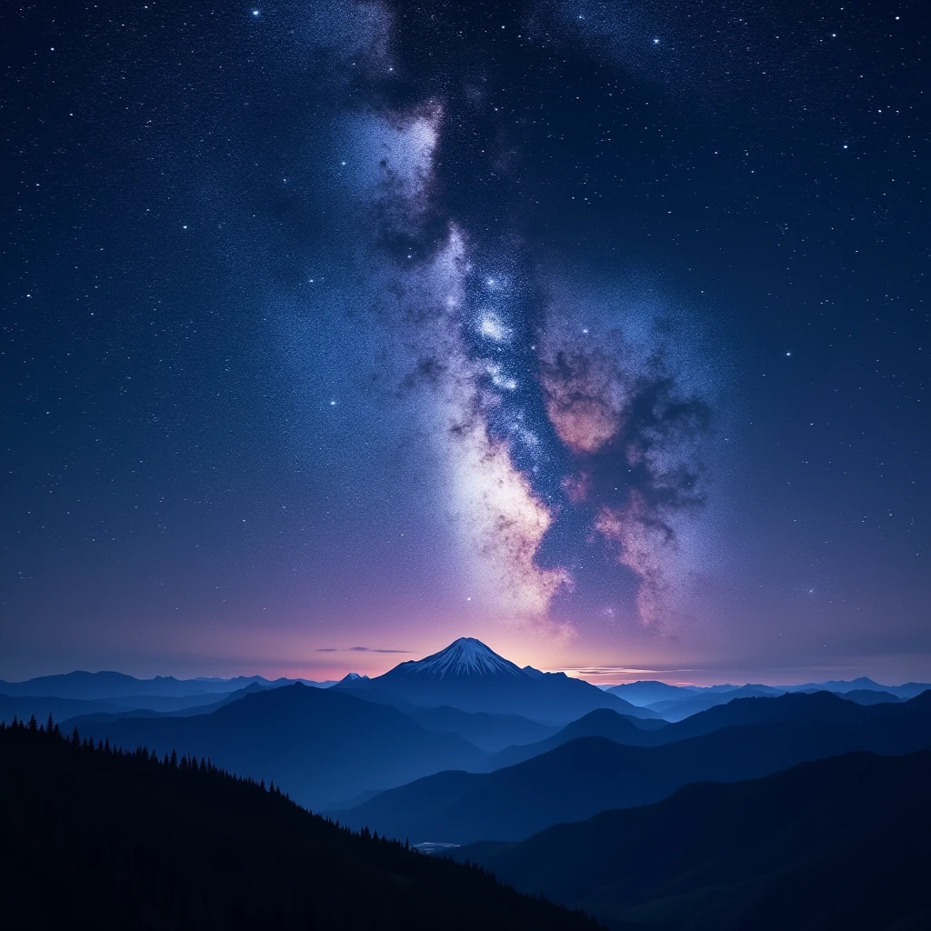 a breathtaking starry night sky over the mountain, a stunning milky way galaxy, glowing nebulae, shimmering stardust, dramatic lighting, deep blue and purple tones, (best quality,4k,8k,highres,masterpiece:1.2),ultra-detailed,(realistic,photorealistic,photo-realistic:1.37),cinematic composition, dramatic chiaroscuro lighting, moody atmosphere, intricate star patterns, ethereal beauty, mystical ambience