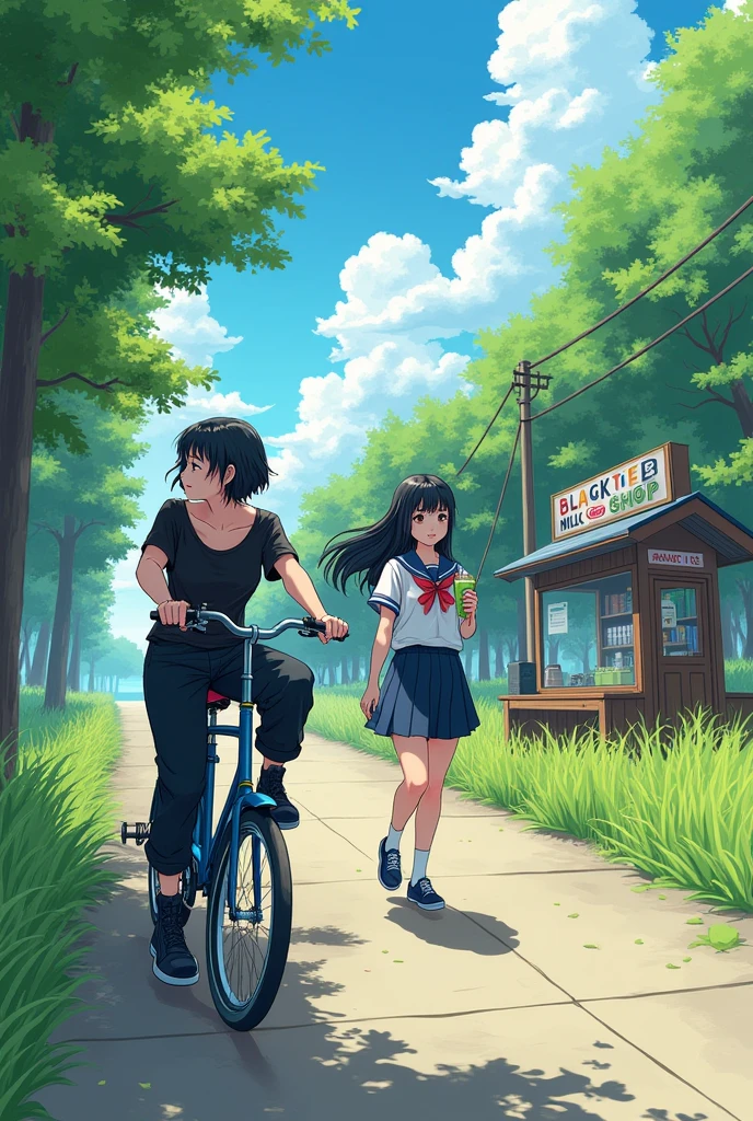 : black milktea shop in right
: quiet road filled with grass and trees
: a age girl walking with a navy blue bike, with medium wolf cut hair, and wearing a black baggy pants, black shirt black boots and navy blue bag, has a cool aura and next to her is a teengirl, with long black hair wearing school uniform and backpack, holding a matcha milktea. They're walking together
: the atmosphere is lively and windy
: make it manga art style