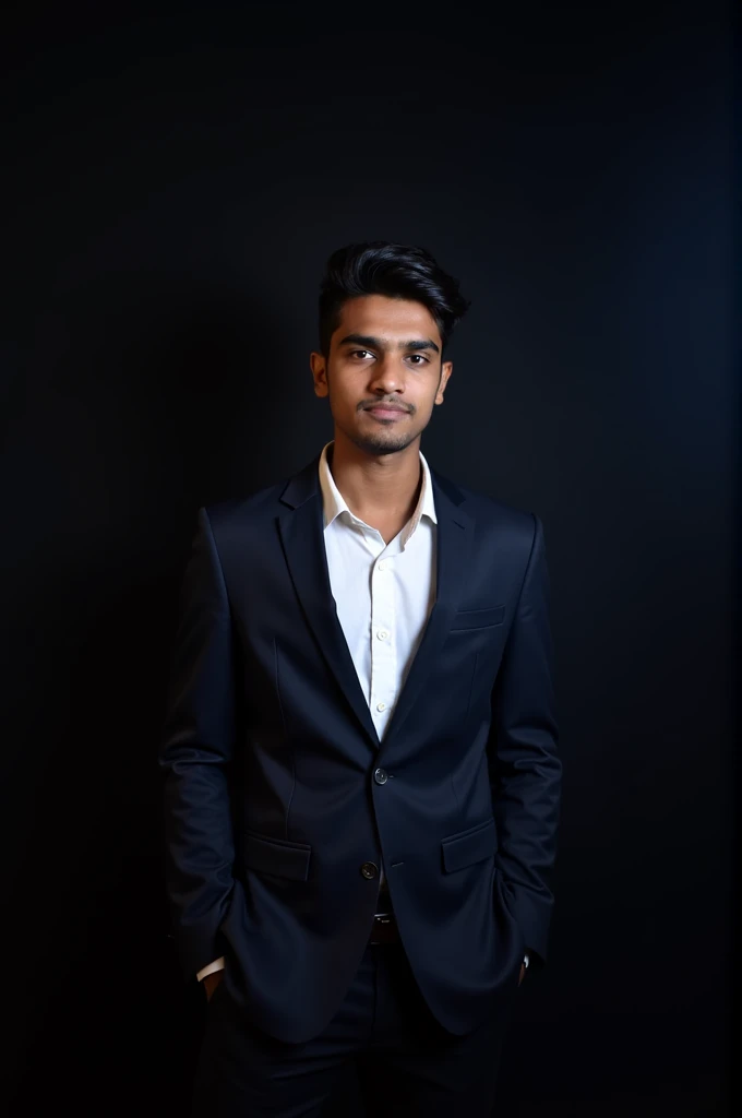 18 year old Indian boy wearing formals andposing for linked in black light in background