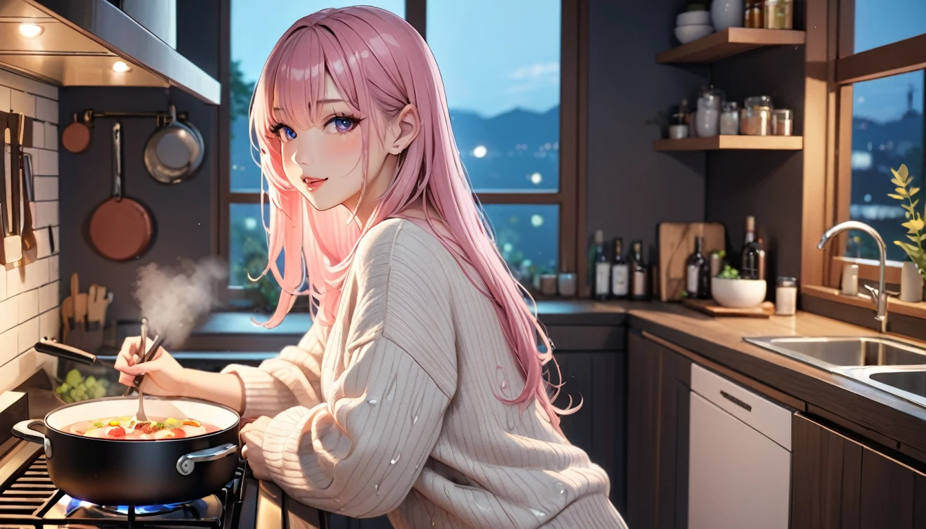 1 girl, (masterpiece,highest quality,超A high resolution), (((Very beautiful 25 year old girl))), look at the photographer、 ((beautiful long hair)), super cute face, glossy lips, double eyelids in both eyes,natural smile、 natural makeup, long eyelashes, Shiny and smooth dark light pink hair、perfect limbs, perfect anatomy,(((comfy sweater)))、cooking, at the night ,(wet with sweat),,turn around and look back,See-through