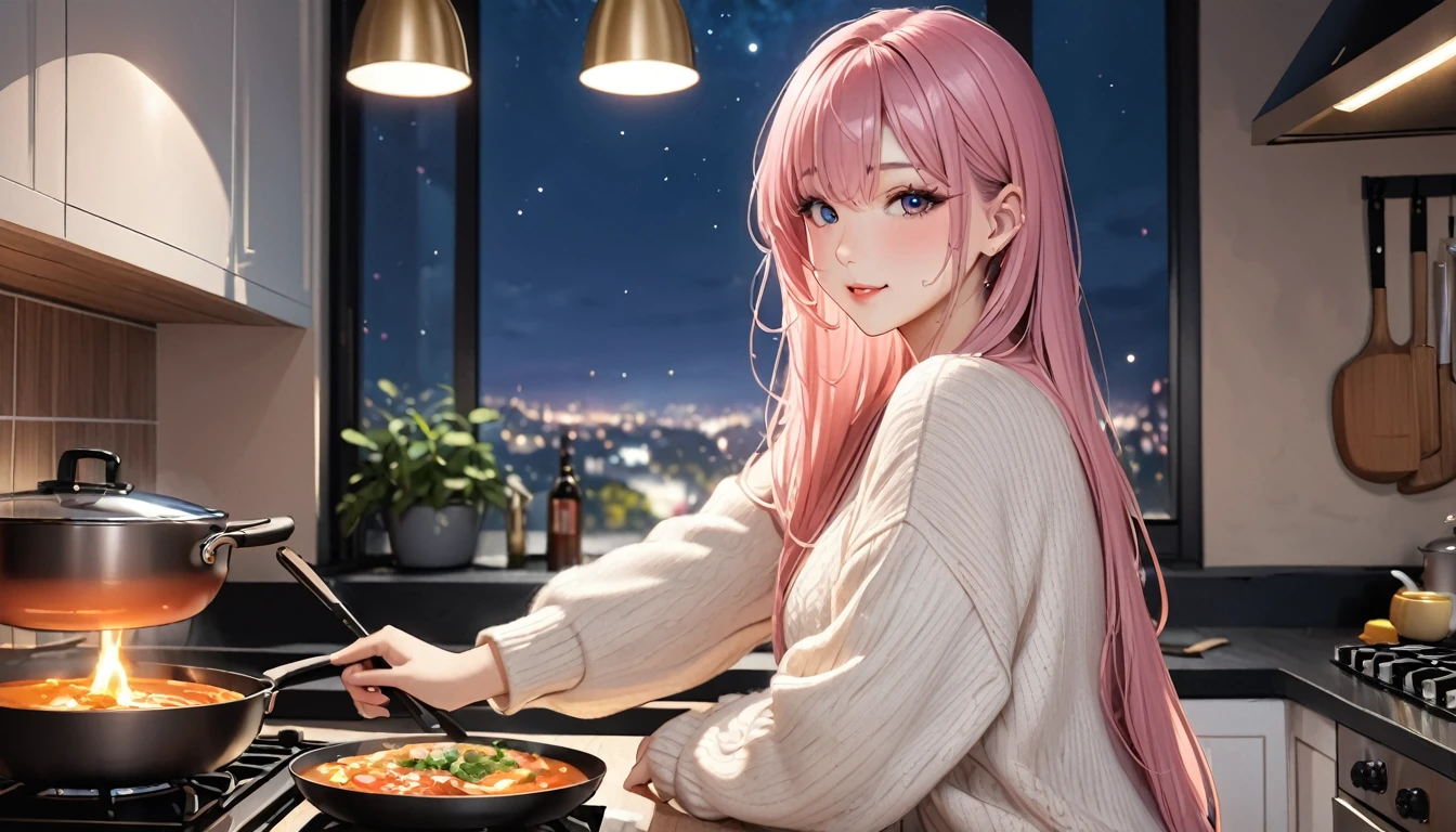 1 girl, (masterpiece,highest quality,超A high resolution), (((Very beautiful 25 year old girl))), look at the photographer､  ((beautiful long hair)), super cute face, glossy lips, double eyelids in both eyes,natural smile、 natural makeup, long eyelashes, Shiny and smooth dark light pink hair､perfect limbs, perfect anatomy,(((comfy sweater)))、cooking, at the night ,(wet with sweat),,turn around and look back,See-through