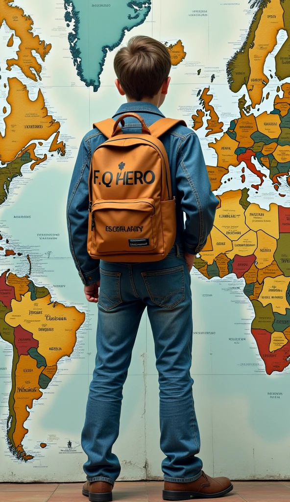 A stylish, jeans wearing man standing on the world map. The back of the boy is visible. There is a stylish bag pack on his back. Fantasy word "F.Q HERO" is written on the bag. He is looking at an OSCAR building in front of him. A realistic, aesthetic poster.