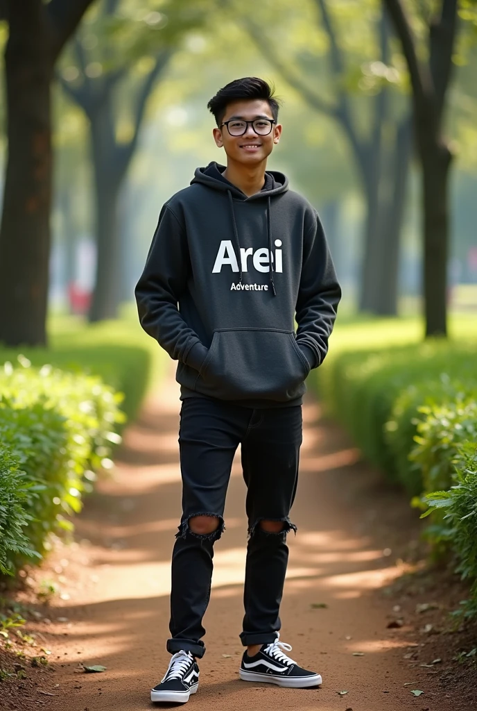 Make a photo Please make me a picture, this picture shows a 28-year-old Indonesia man outdoors on a layer of soil, facing the viewer. wearing a dark gray hoodie with the Arei logo and the word "Adventure" printed underneath. The person was also wearing ripped black jeans and black-and-white Vans sneakers. In the background, there are green shrubs, trees, and street lights indicating that this photo was taken in a park or outdoor area in the afternoon. Use the style of street photography, the sigma 85mm f/8 lens.