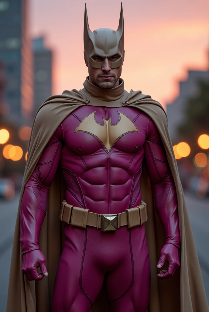 Man wear dark pink beige costume . Bat helmet dark beige. Pink armor suit. Triangle emblem on chest. Beige cape. Endomorph body type. Man. Rich guy.