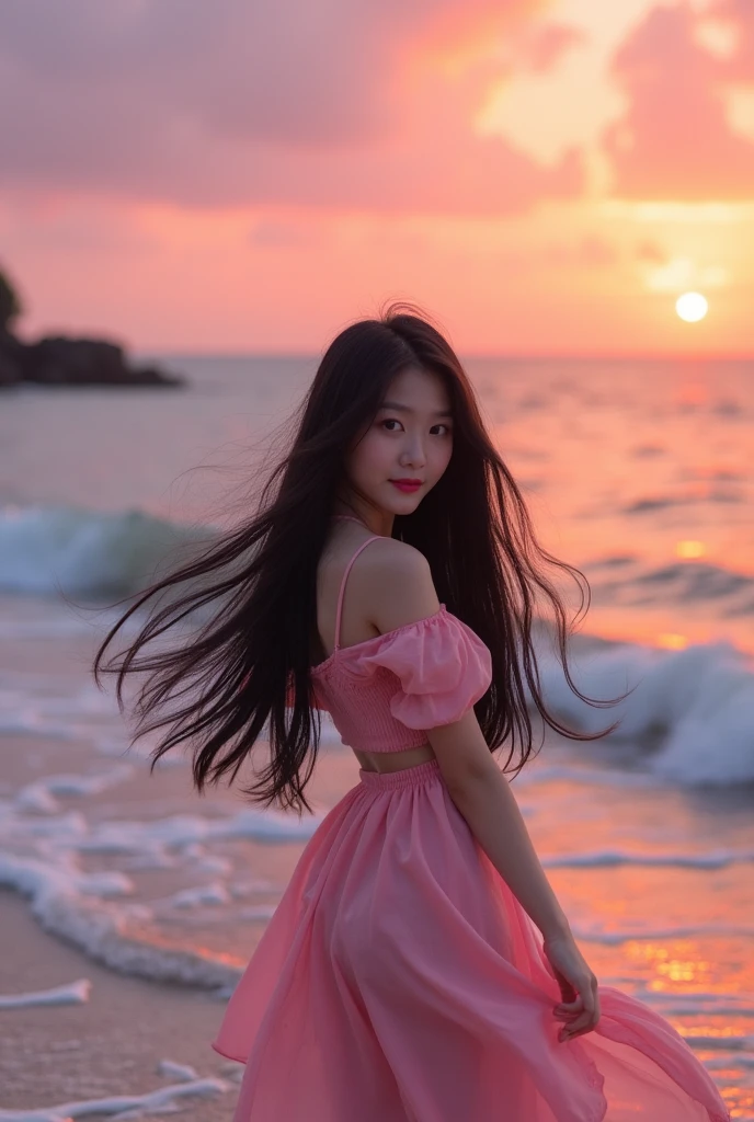 high resolution,KPOP,Seaside,Asian girl turning around,Black Hair