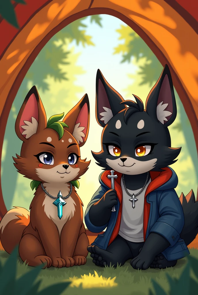 "Illustration in Helluva Boss style, with two furry characters in a forest setting inside a tent. The characters are sitting next to each other., with playful and smiling expressions.
character 1 (On the right):
fur: Black or white, style similar to Loona.
eyes: black.
Accessories: He carries a rosary with a silver cross..
CLOTHES: Stylish t-shirt in aesthetic style and coat, with one hand on the coat and the face partially covered.
character 2 (On the left):
fur: Brighter coffee with a touch of green, en style similar to Loona.
Accessories: Necklace with a prism.
around:
Environment: A forest inside a tent, Both characters are sweating as if they had just finished an activity. The background should reflect a natural and cozy environment, with details of the tent and forest visible