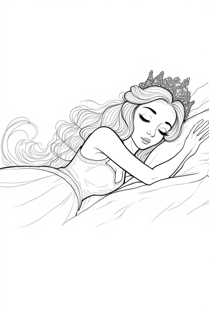 Sleeping Beauty cartoon shows a princess lying down, showing a crown in black and white line drawings.