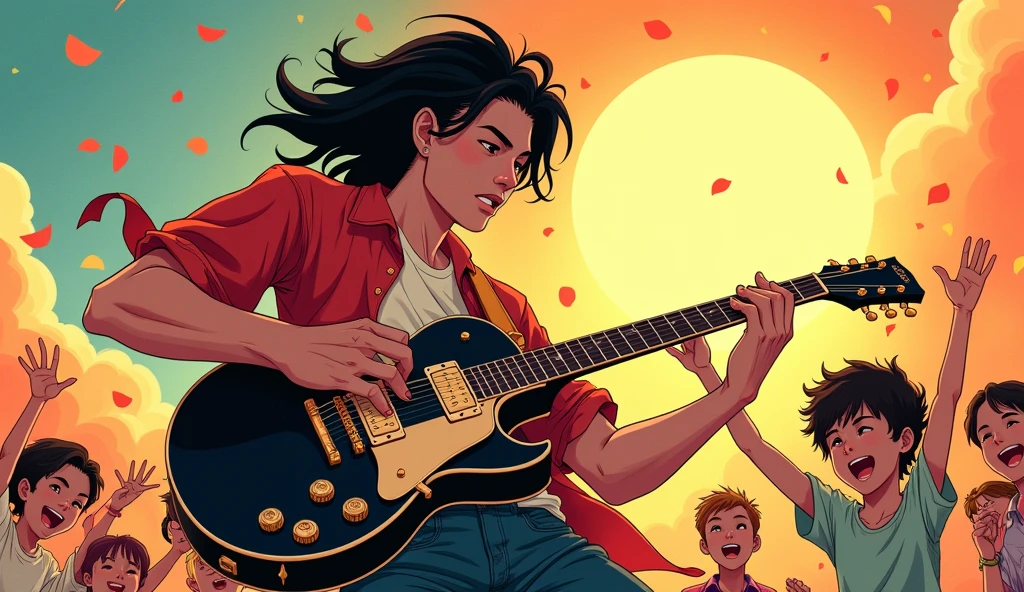 Rock Guitarist&#39;s Father、Two boys dancing、Ukiyo-e style、The guitar is a black Les Paul、Anime Style、force、Everyone is in high spirits、My father has black hair、summer