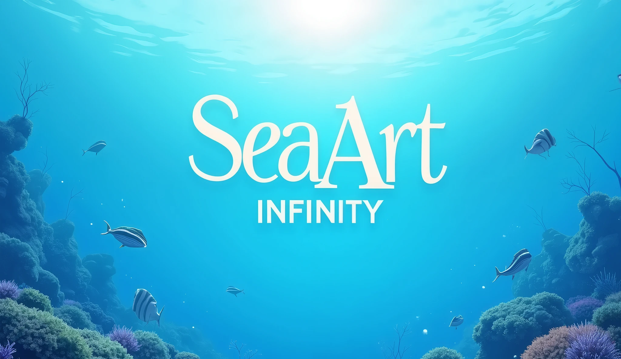 A blue style poster,It says"SeaArt Infinity",Clean style,Natural comfort,Bright,Realism,Reality