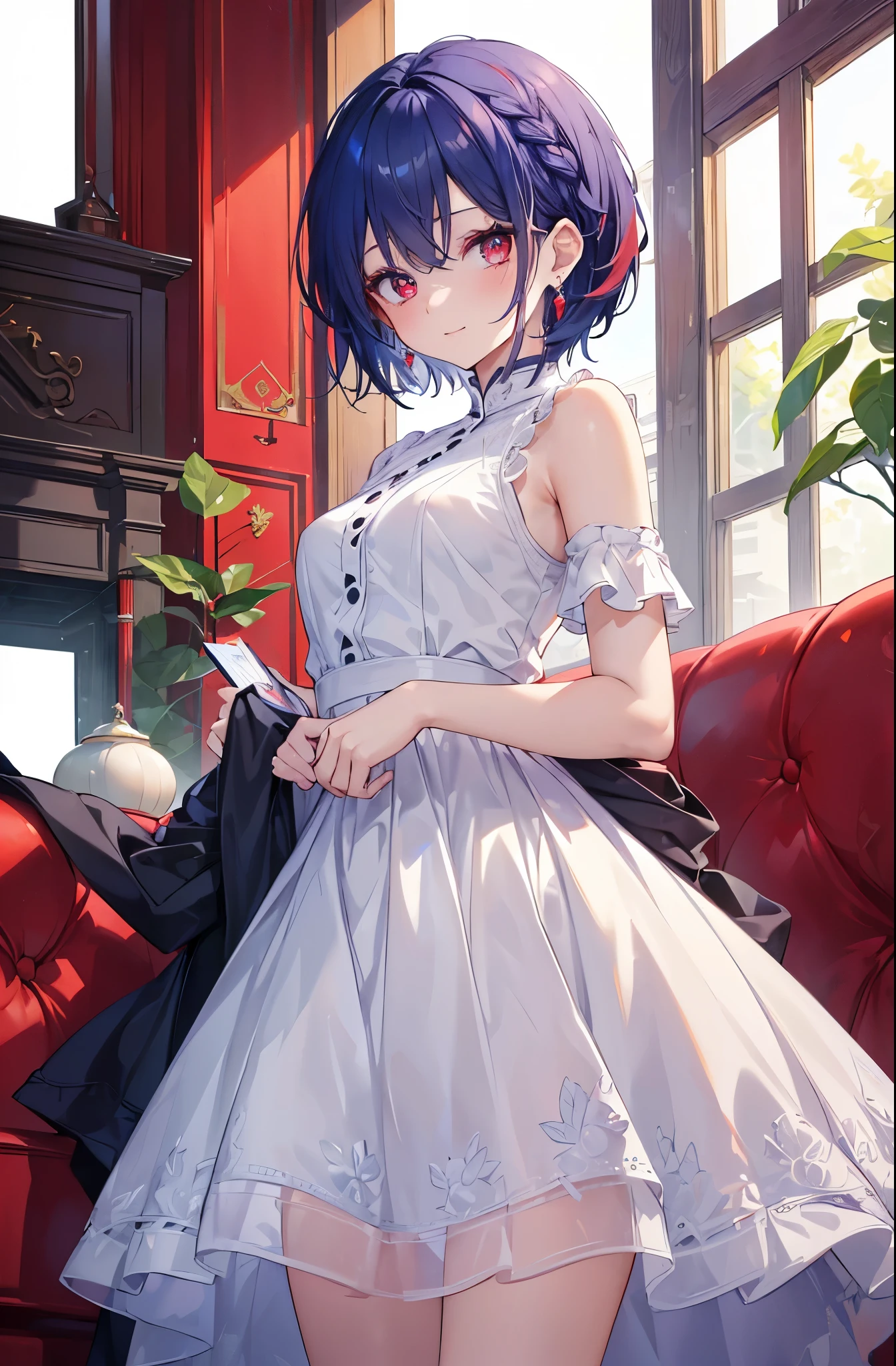 {{masterpiece}}, The best quality of life, 超High resolution, Attention to detail, high quality, High resolution, 最high quality, 4K, 8k,Attention to detail,((short indigo hair、Deep blue short hair)Braided Hair) 、 Cute female, 、One woman、(((Crimson Eyes、Red eyes、Red　eyes、Beautiful attention to detail,A woman with beautiful eyes)))、Expressionless adult woman、((White background))、small but well-shaped breasts,、(((casual)))、standing smiling、Cute Smile、Small earrings