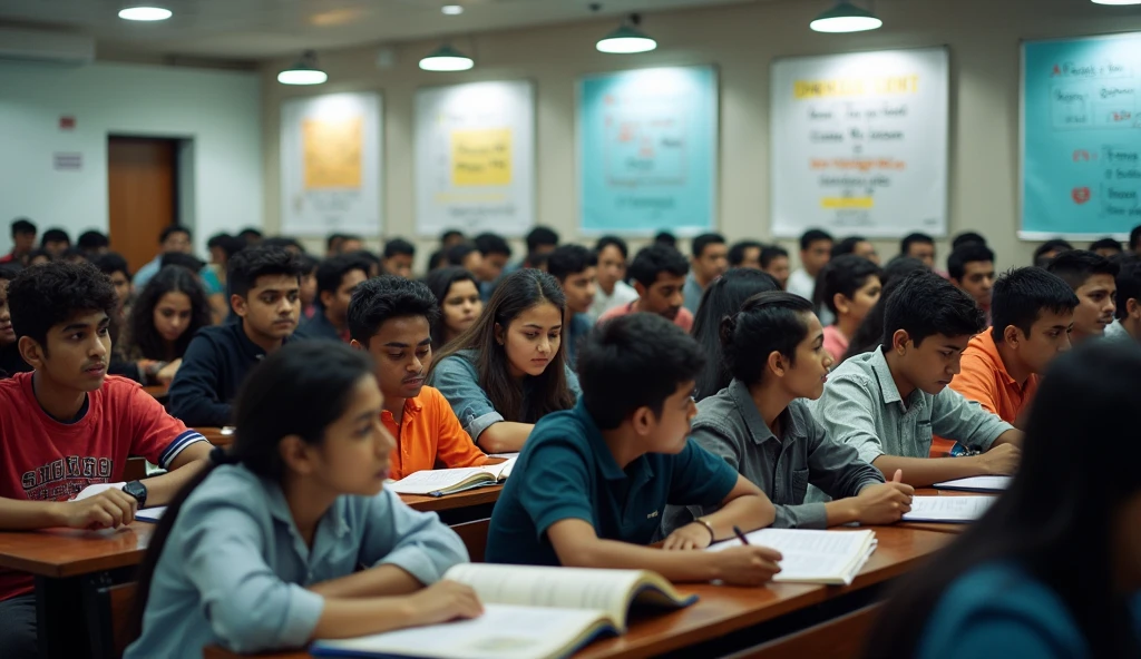 Hundreds of Indian students studying in a coaching center preparing for job