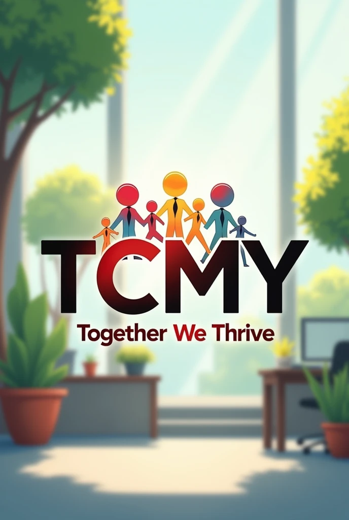 True black,Active Red,neutral grey. Must Include this colors as Main Color Code.
You may use White as well.
Create a employee engagement team building logo
Include (TCMY ) with tag line together we thrive
With colorful humanoid
Include blurred beautiful natural cartoon office background