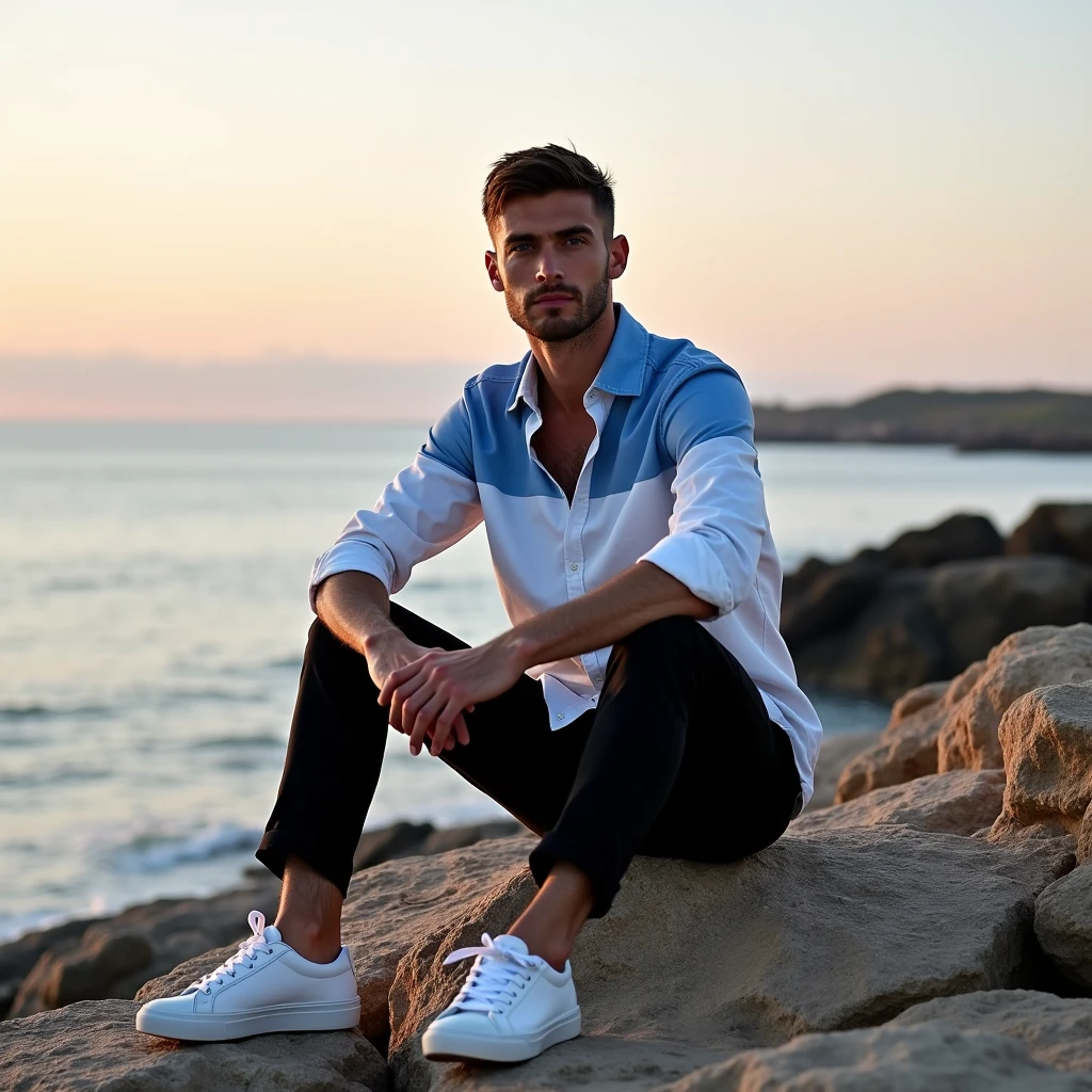 A white man, at 33 years old, model type, with short dark hair, with blue eyes, wearing a white and blue shirt buttoned up, black pants,  tennis, sitting on a stone pier in Alentejo at sunrise