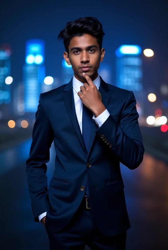 18 year old Indian boy wearing formals andposing for linked in black light in background