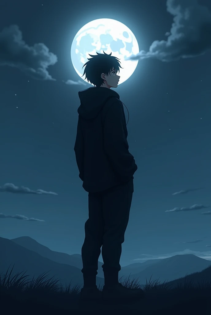 An Anime faceless white boy, quite an atheletic physic (not much) wearing full black clothes (full hand) with hands in his pockets listening to music through earphones standing alone in a very isolated place staring at the moon