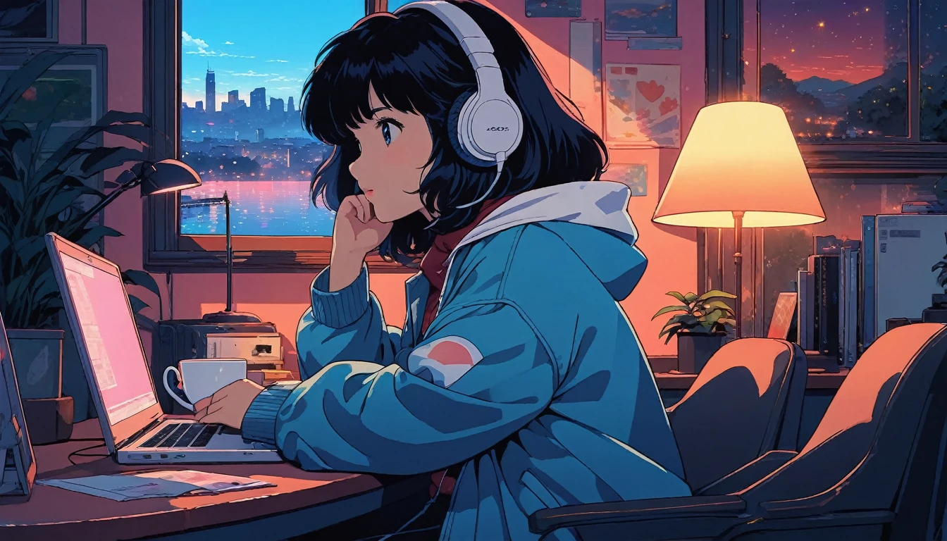 alone, lofi artstyle, lofi art, city, town, 80s anime style, Retro, Lo-Fi, masterpiece, best quality, (extremely detailed CG unity 8k wallpaper), (best quality), (best illustration), (best shadow), absurdres, realistic lighting, (Abyss), beautiful detailed glow, 1girl, bangs, black hair, black pantyhose, blue jacket, chair, computer, cup, curtains, from side, headphones, holding, hood, hood down, hoodie, indoors, jacket, lamp, laptop, long sleeves, medium hair, monitor, night, office chair, pantyhose, plant, profile, sitting, skirt, solo, window