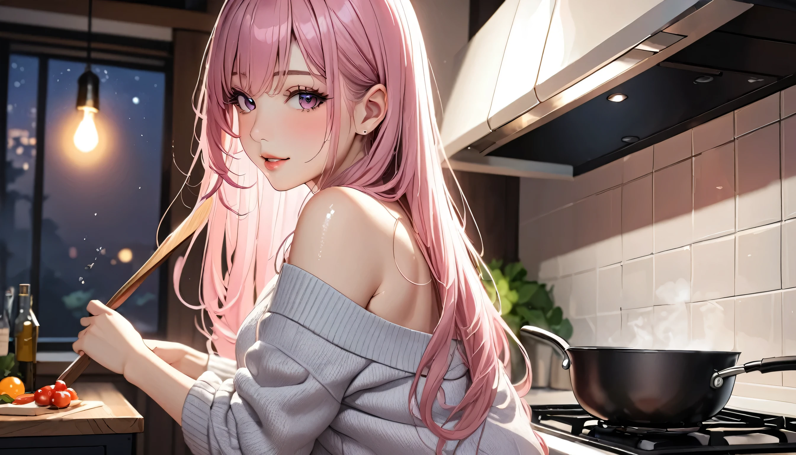 1 girl, (masterpiece,highest quality,超A high resolution), (((Very beautiful 25 year old girl))), look at the photographer､  ((beautiful long hair)), super cute face, glossy lips, double eyelids in both eyes,natural smile、 natural makeup, long eyelashes, Shiny and smooth dark light pink hair､perfect limbs, perfect anatomy,(((comfy sweater)))、cooking, at the night ,(wet with sweat),,turn around and look back,See-through