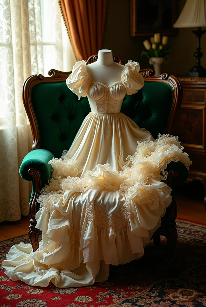 (photorealism:1.2), victorian chair with a puffy silk dress draped over its back, the armchair has another dress thrown on top of it, really messy rococo dress