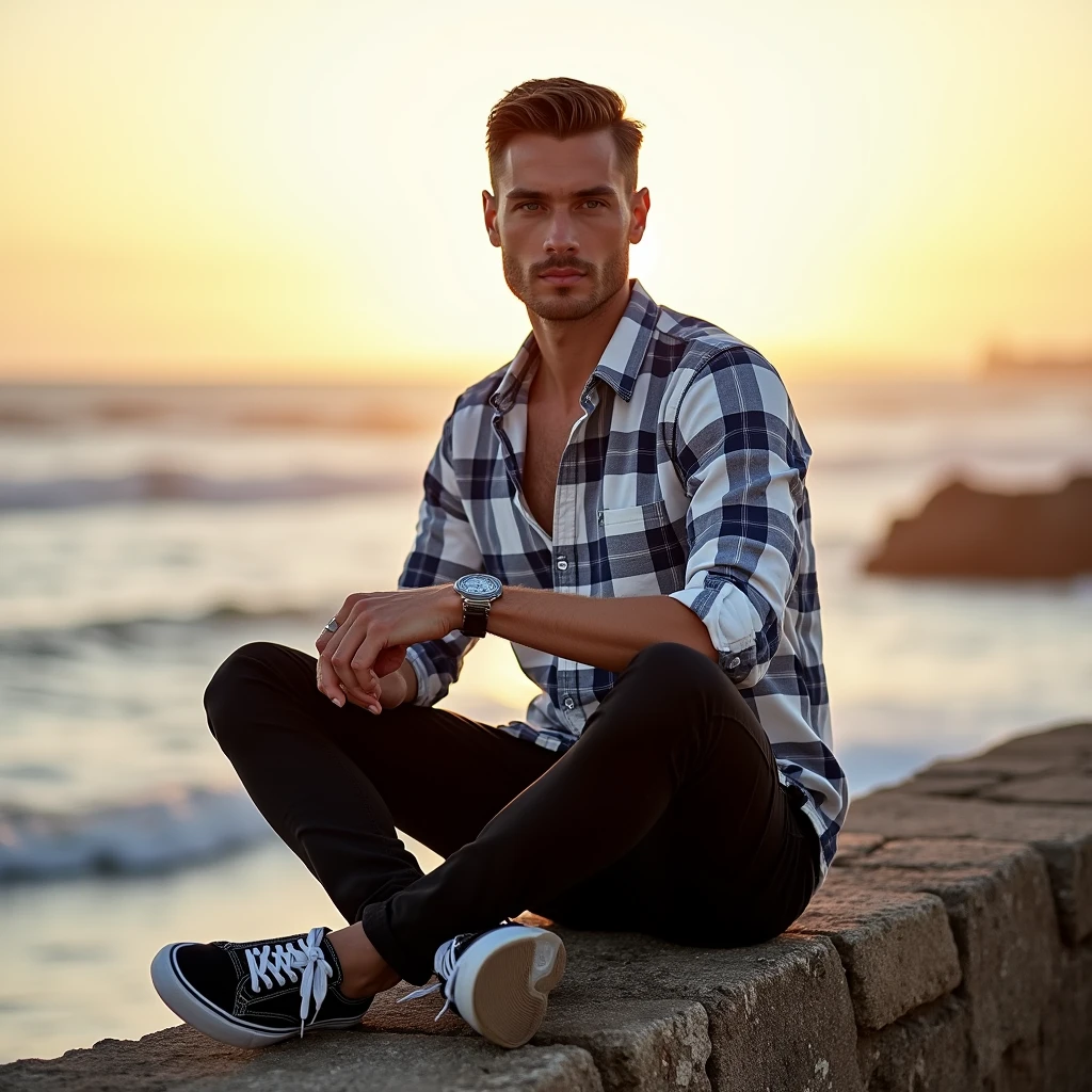 A white man, at 33 years old, model type, with short dark hair, with blue eyes, wearing a white and blue plaid shirt buttoned up, black pants, tennis, sitting on a stone pier in Alentejo at sunrise