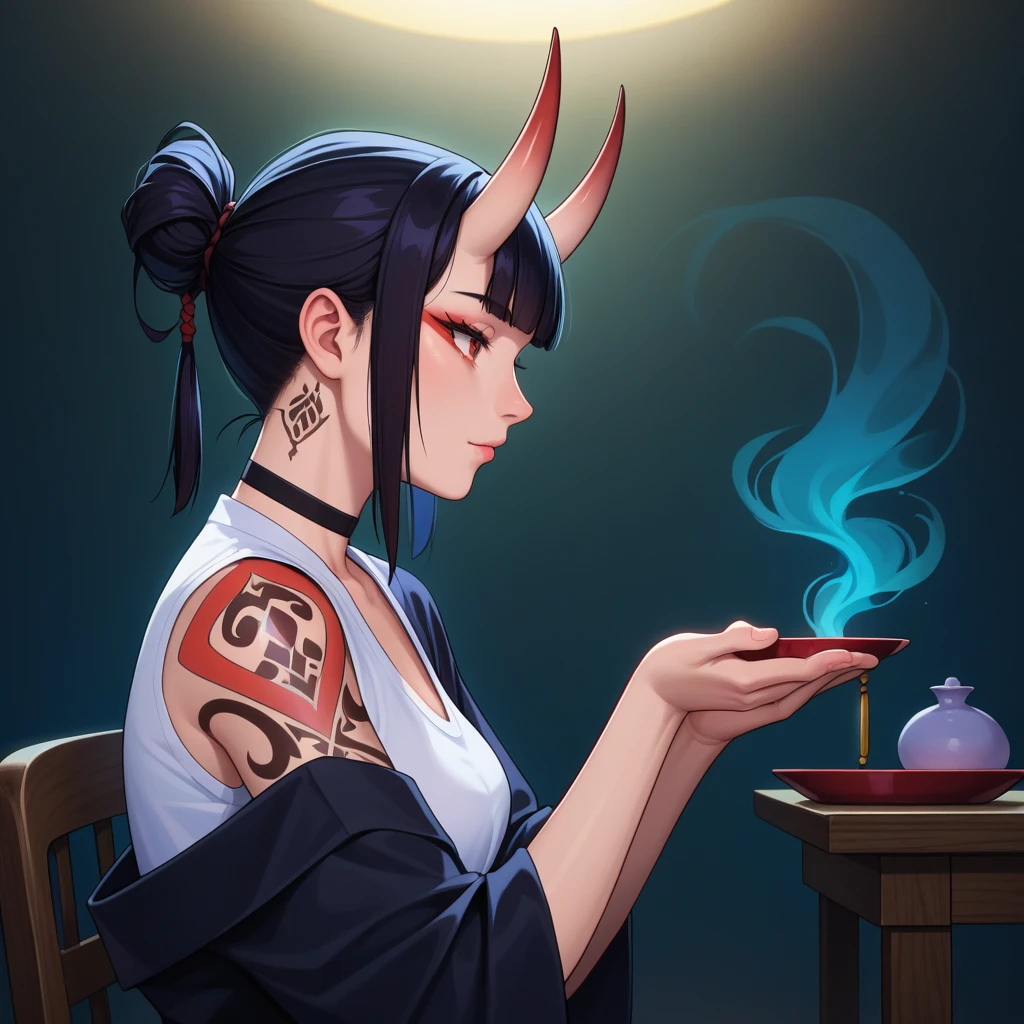 score_9, score_8_up, source_anime,   

1 girl, alone, profile, pensive look, simple background, dark room, sitting on chair, snake eyes, upper body, tied hair, black hair, simple clothes, horns, white shirt, holding incense, tattoos, incense releasing smoke, black choker, background of a room, red oni horns, face resting on hand, black kimono, blunt bangs, dark aura, tattoos all over body, side view