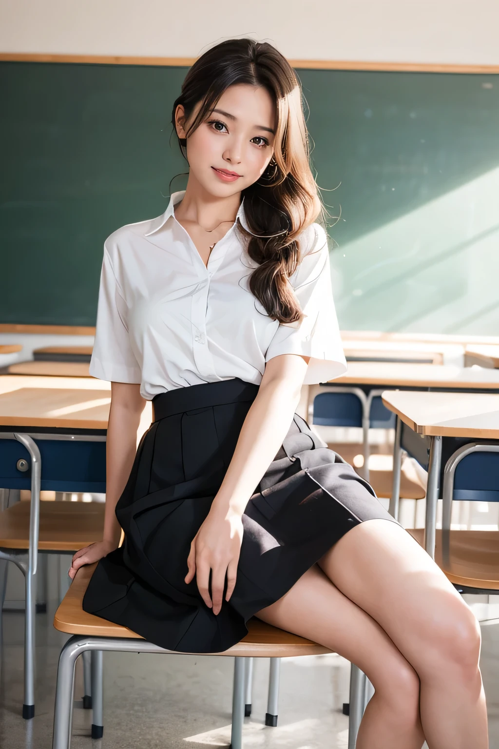 (8k, Highest quality, masterpiece:1,2), (Realistic, photo-Realistic:1,37), Highest quality, masterpiece, Beautiful woman, 30 years old, Teacher Kiyura, Beautiful female teacher, Oversized shirt, Tight Skirt, Mid-length skirt, blush, smile, Small breasts, thin, Chignon Hair, thin脚, Spread your legs, Tight waist, Naughty look, Classroom background with stacked chairs and study desks