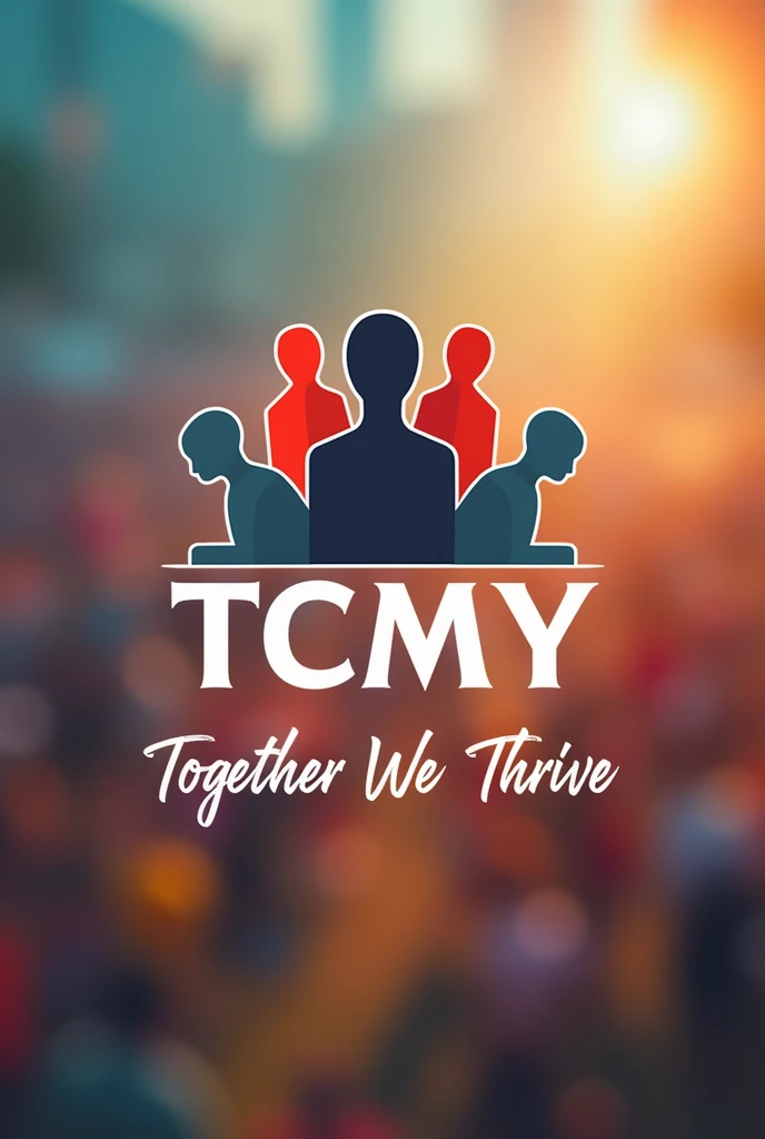 True black,Active Red,neutral grey. Must Include this colors as Main Color Code. 
You may use White as well. 
Create a employee engagement team building logo 
Include (TCMY ) with tag line together we thrive 
With colorful humanoid 
Include nice blurred background
