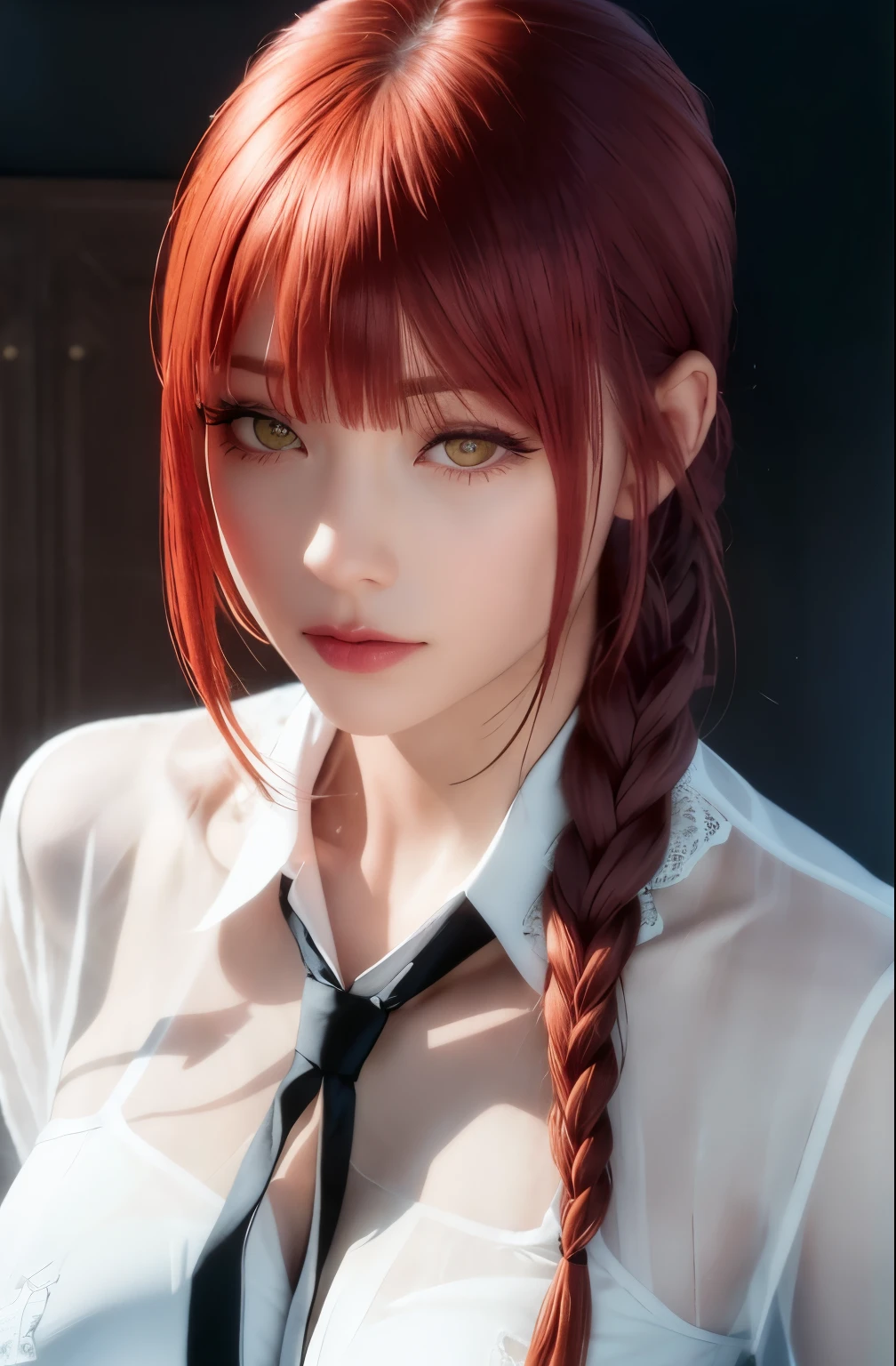 masterpiece, (Realistic:1.4), Highest quality, Beautiful lighting, (((In underwear,Thin black underwear,Luxurious see-through lace underwear,Bare your breasts,)))
(Urzan-6500:0.5), hand \(Chainsaw Man\), (Redhead)+(Long braided hair)+(bangs), Yellow Eyes, Golden Eyes, ((The eyes are round)), (White shirt), (tie),
RAW Photos, 8K Ultra HD, Film Grain