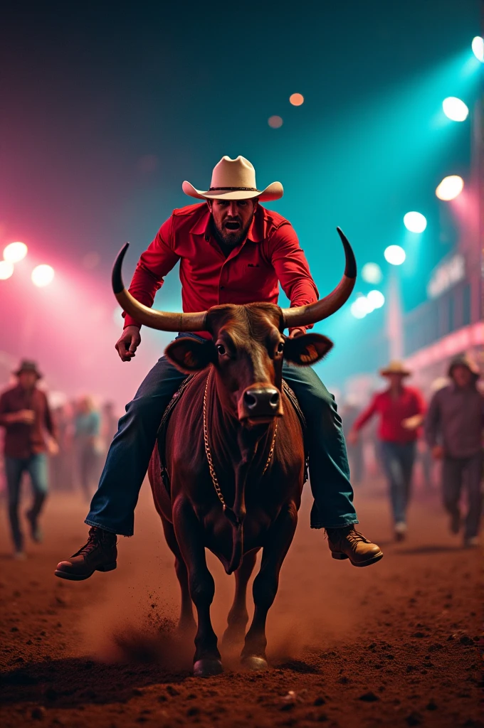 close shoot, Closeup, facial expression, a man wearing a red shirt is riding a bull, in the middle of the night, lots of party lights, there are many people running in fear,
