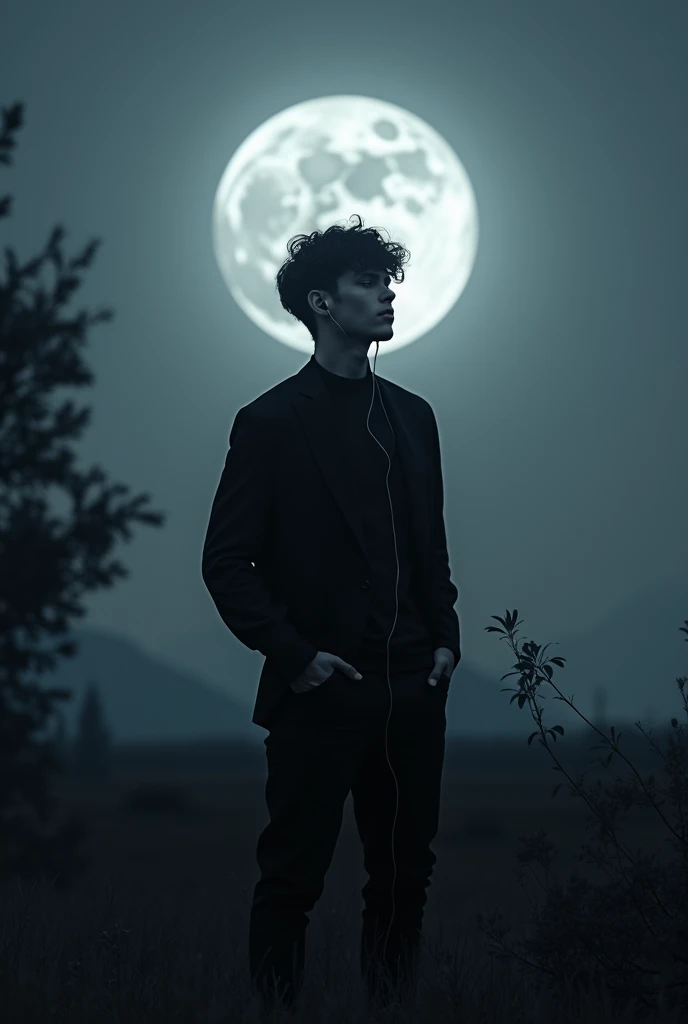 An Anime faceless white boy, quite an atheletic physic (not much) wearing full black clothes (full hand) with hands in his pockets listening to music through earphones standing alone in a very isolated place staring at the moon