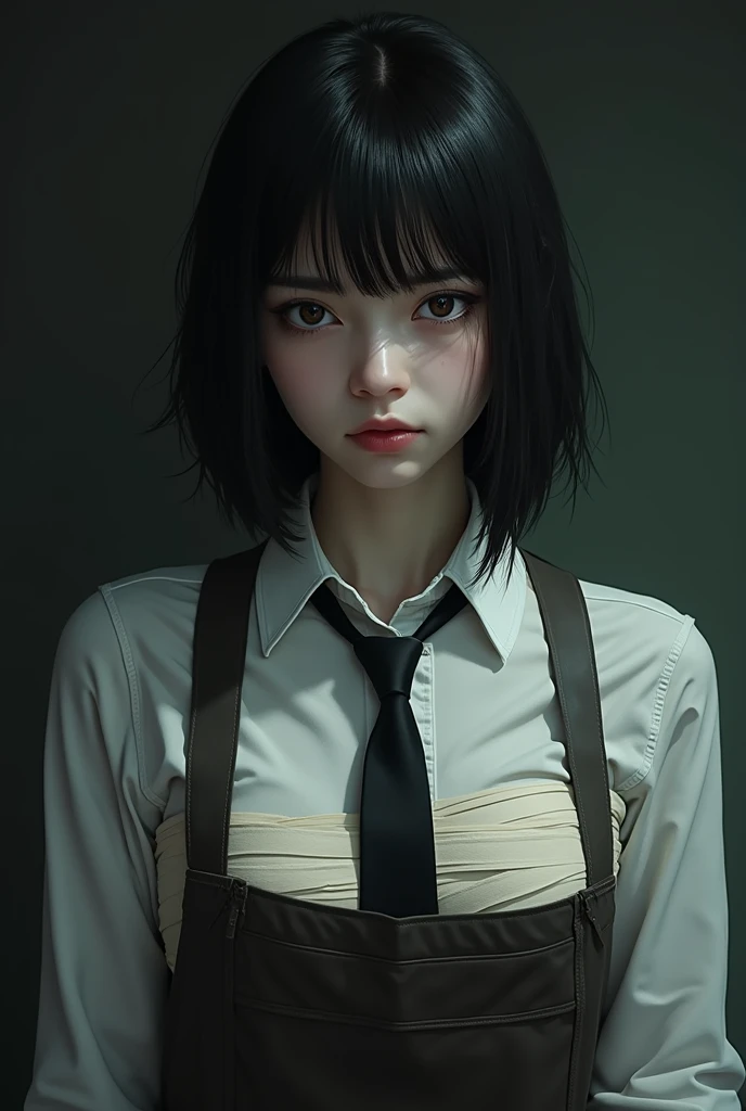 ((masterpiece, best quality)), (1 Girl), (Solitary), (Women's Focus), night (Chainsaw Man),(Very rich facial details, Real images, Realistic white skin, Realistic body, Intricate details), Upper Body, Serious , Brown eyes, Looking at the audience, bandage over the body, Black Hair, Long-sleeved shirt, Apron Dress, Black tie, bandage, bandage, Small Breasts