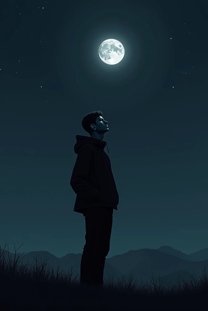 An Anime faceless white boy, quite an atheletic physic (not much) wearing full black clothes (full hand) with hands in his pockets listening to music through earphones standing alone in a very isolated place staring at the moon