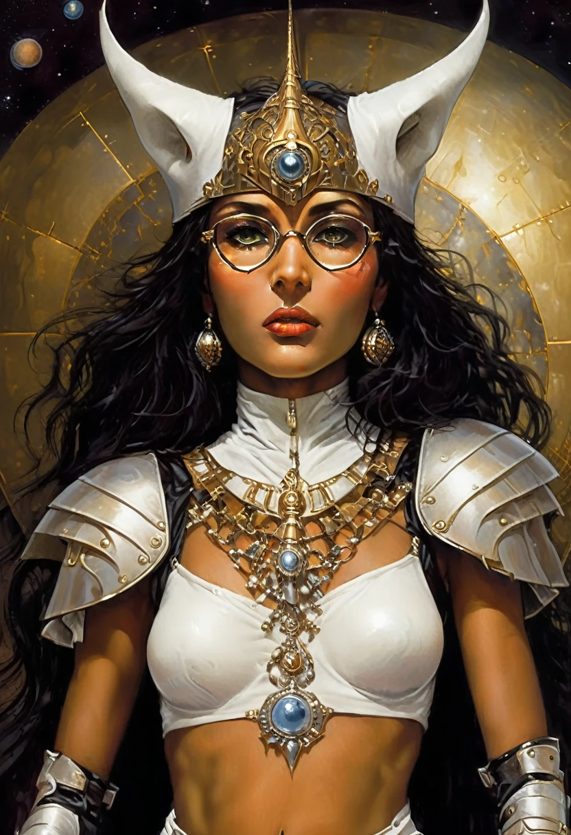 Michael Parkes' retrofuturism, Full height, 3D rendering, Quantum, Abstract outer space, image of the mistress of the stars of the big, luminous universe, porcelain, white, perfect face^, realistic, detailed big eyes, designer glasses, designer hat, makeup, beautiful, long hair, white, ruby, olive color, sapphire, filigreeclothes with silver elements, leopard style, master of space art, Winsor Mackay style, Leonardo da Vinci, Klimt, science fiction style, modern, kinetic art, Niji Express 3D v2, epic style, art deco, glitter, glow, oil painting on canvas, mixed techniques, ink, pen, ink v3, cybert style, close-up, fantasy, detailed drawing Hyperdetails, art station trend, sharp focus, studio photography, complex details, Greg Rutkowski, gold section, concept art, 8k^HDR
