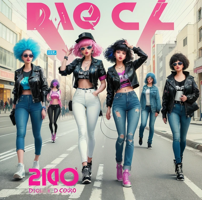 photos of a group of women in jeans, walking along the road, disco, shock, disco diffusion, disco , promo art, disco pictoplasma, disco smile, punk rock cover альбома art style, cover, punk cover альбома, 2070s, shocking, a high resolution!!, cover альбома!, piece of art, official piece of art