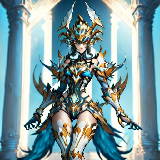 WARFRAME, Beautiful Art Style, 1girl, young woman, looking at viewer, telegenic, jewish temple, legs up, greek costume, blaziken, blue iris, yellow sclera, neck tuft, chest tuft, crotch, scuted arms, talons, talon hands, talon feet, tail feathers,