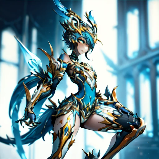 WARFRAME, Beautiful Art Style, 1girl, young woman, looking at viewer, telegenic, jewish temple, legs up, greek costume, blaziken, blue iris, yellow sclera, neck tuft, chest tuft, crotch, scuted arms, talons, talon hands, talon feet, tail feathers,