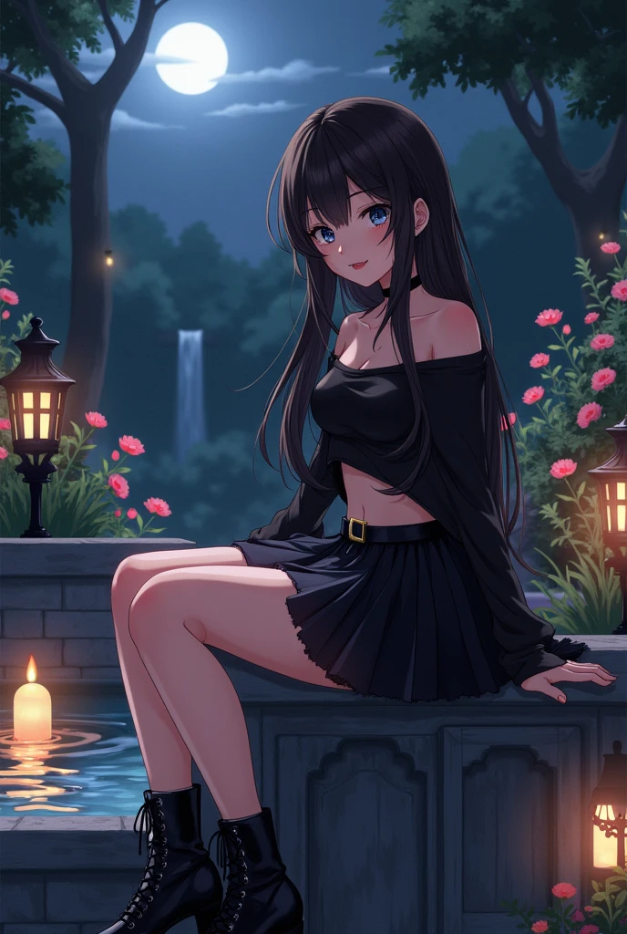 Anime girl with long dark brown hair, black eyes, black painted lips, She is wearing a black batwing crop top, black tutu skirt, black boots sitting 