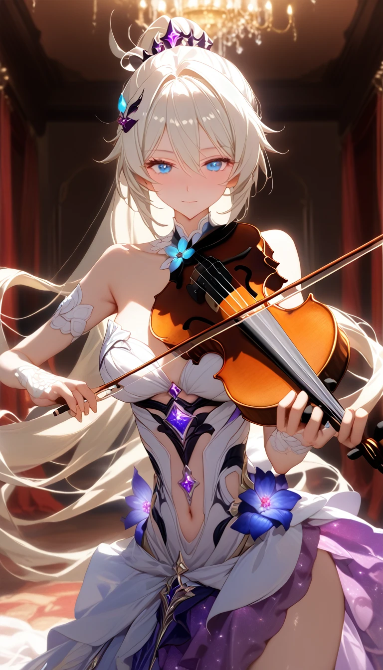 score_9,score_8_up,score_7_up,masterpiece,best quality,perfect anatomy,very aesthetic,official art,8k,shiny_skin,fair_skin,white_skin, Girl 1, Scene, spotlights, Falls on Her, playing-violin, playing violin, darkness, The Hall is Full of Lights from Lighters, sparkles, Beautiful lady, in a Bright Dress with Shimmering Colors, sexy, Charming, Beautiful Long Voluminous Hair, Pleasant Color, Exciting atmosphere, Jewelry on the hands, a small Flower in her Hair, bright colors, masterpiece, Maximum Detail, Highest Level of Detailing, Full-length girl, Breathtaking Picture, muffled light, dynamic shadows, High-resolution wallpapers, kiana kaslana \(honkai impact 3rd\), herrscher of finality, white hair, ahoge, ponytail, very long hair, blue eyes, blurry background